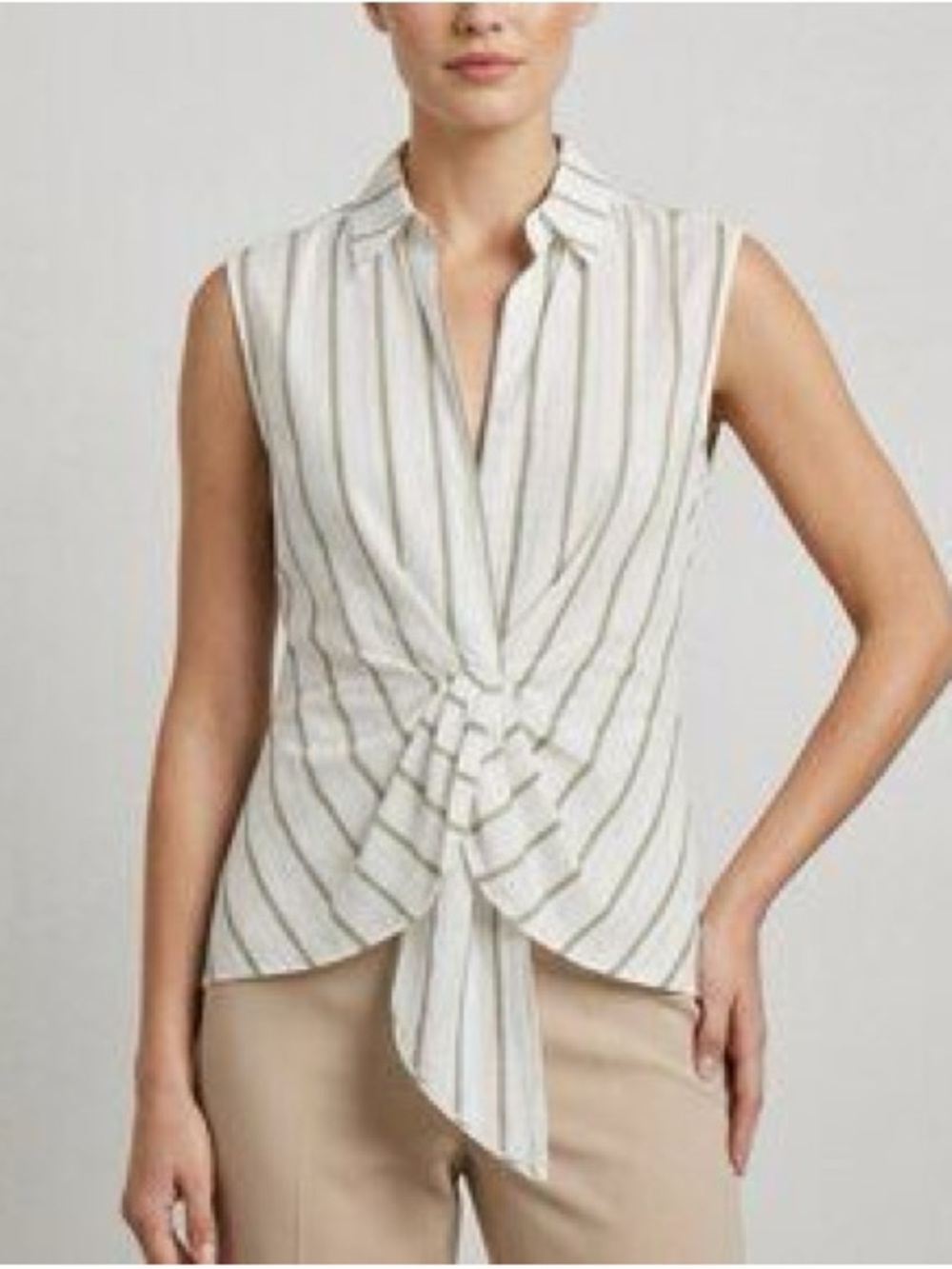 NWOT - (Nordstrom) Ellen Tracy White Sleeveless Tie-Front Striped Blouse